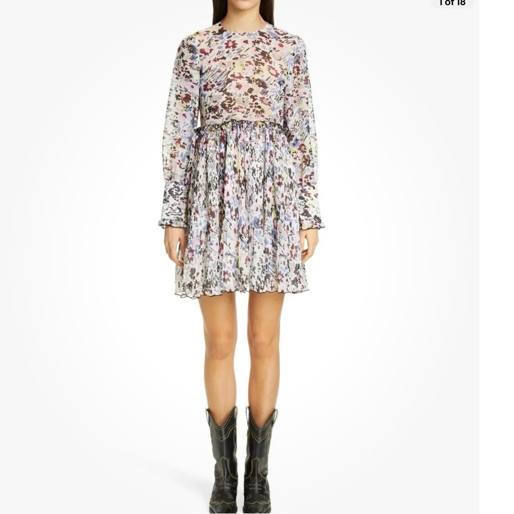 Ganni Floral Chiffon Plisse Mini Dress. Size 2/34EU
